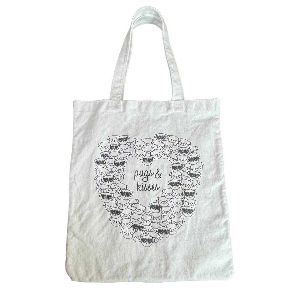 Pugs & Kisses Cotton Tote Bag Dog Storage Satchel All-Purpose Purse White Black